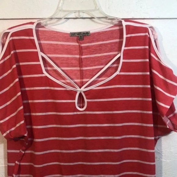 Striped Red Top Cold Shoulder Tunic Blouse Keyhole Womens Casual - Picture 2 of 10